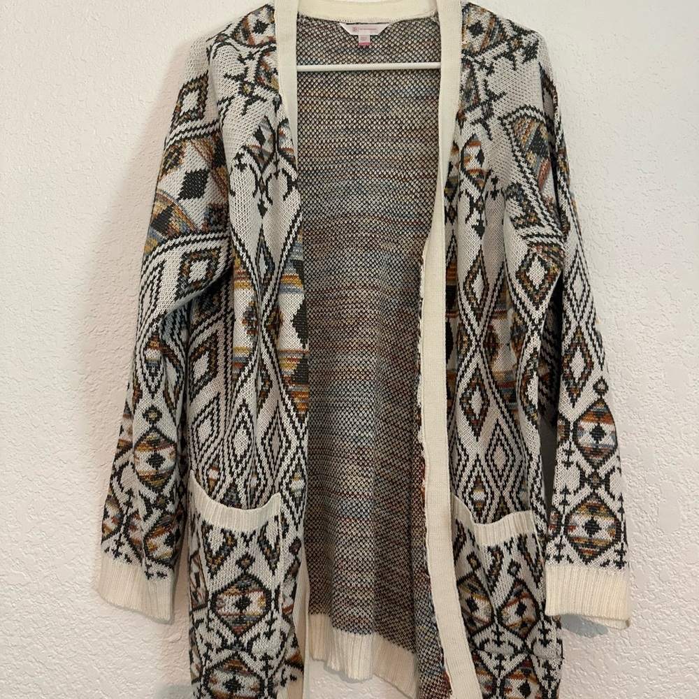 No Boundaries Cream and Brown Geometric Cardigan Sweater